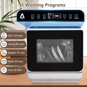 Portable Countertop Dishwasher with 5L Built-In Water Tank, Hot Air Drying, and Plastic Glass Door