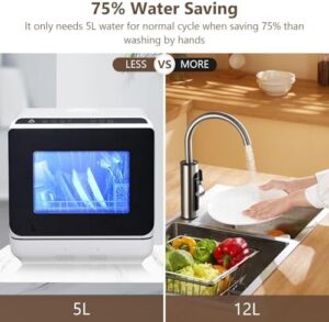 Portable Countertop Dishwasher with 5L Built-In Water Tank, Hot Air Drying, and Plastic Glass Door