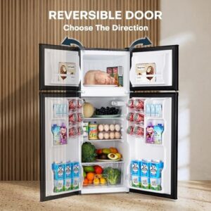 Upstreman 4.0 Cu.Ft. Mini Fridge in black, showcasing its double-door design and adjustable thermostat  