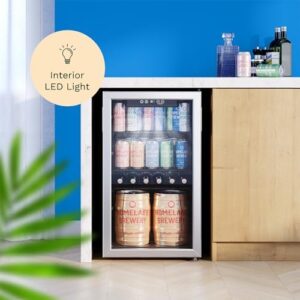 hOmeLabs Beverage Refrigerator with glass door and cans inside