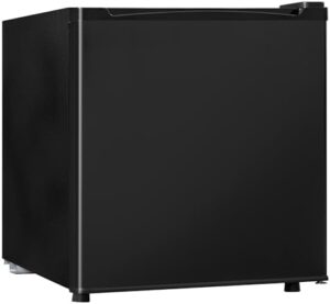 Stylish black 1.7 Cu.Ft mini fridge with freezer, energy-saving, low noise, perfect for bedrooms, offices, dorms, and hotels.  