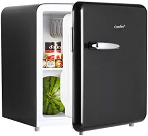 COMFEE 1.6 Cubic Feet Retro Refrigerator in black with a sleek design, adjustable legs, and removable shelf, perfect for dorms, homes, and garages. 
