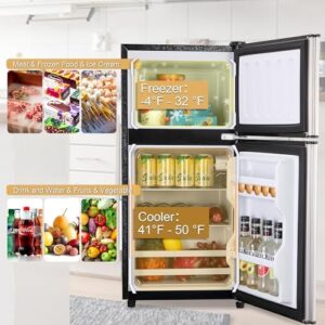 Mini fridge with freezer in silver, ideal for apartments and dorms