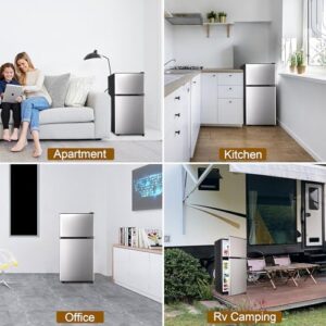 Mini fridge with freezer in silver, ideal for apartments and dorms
