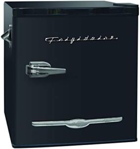 Stylish black Frigidaire CUREFR176BK 1.6 Cubic-ft Retro Compact Refrigerator, perfect for dorms, offices, and small spaces.  