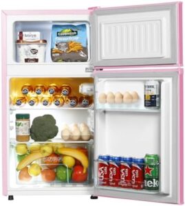 Mini fridge with freezer in pink color, perfect for bedrooms and offices