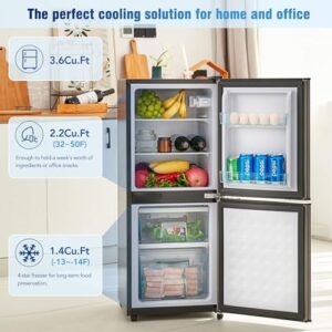 A sleek and compact dual zone fridge with freezer, featuring adjustable shelves and LED lighting.