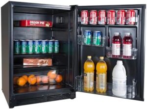 Avanti AR52T3SB Mini Fridge in black, showcasing its compact design and reversible door