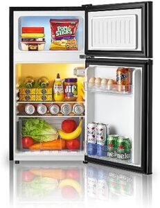 Compact mini fridge with a separate freezer and removable shelves