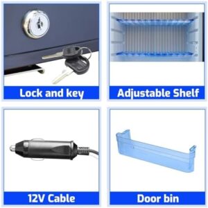 12V RV Refrigerator with a reversible door and lock feature, ideal for camping and travel
