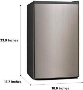 Midea WHS-121LSS1 Refrigerator in stainless steel, showcasing its compact design and adjustable shelves