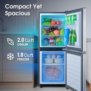 Mini fridge with bottom freezer and drawer in silver color