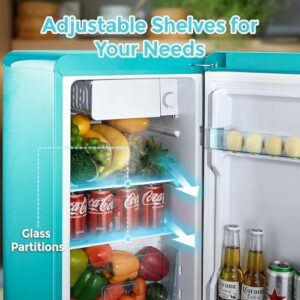 Mini Fridge with Freezer, 2.7 Cu.Ft Retro Compact Refrigerator in Blue, featuring an adjustable thermostat and removable shelves.  