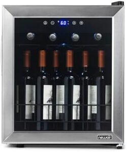 NewAir Compact Wine Cooler Refrigerator with 16-bottle capacity, stainless steel finish, and UV-protected glass door  