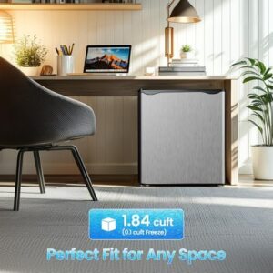 Compact silver mini fridge with freezer, adjustable shelves, and energy-saving features