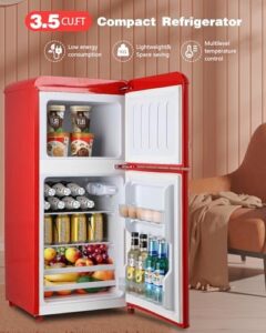 3.5 Cu.Ft Small Refrigerator with freezer, Retro design, Dual Door, and Adjustable Thermostat in red