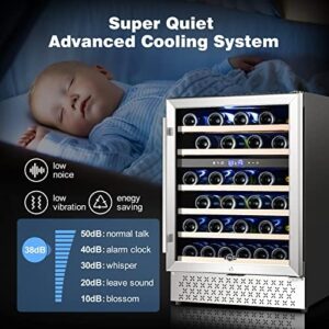 Tylza 24 Inch Wine Cooler Refrigerator, 46-bottle dual zone wine fridge with stainless steel finish and professional compressor 