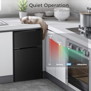 Kismile Mini Fridge with Freezer, a 3.2 Cu.Ft compact refrigerator with double doors, perfect for home, kitchen, dorm, and apartment use.  