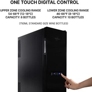 Koolatron 18 Bottle Slim Wine Cooler Refrigerator in a home bar with wine bottles