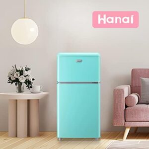 WANAI 3.5 Cu.ft Refrigerator in classic blue color with dual doors, freezer compartment, and adjustable thermostat.