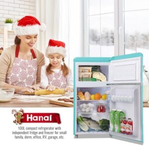 WANAI 3.5 Cu.ft Refrigerator in classic blue color with dual doors, freezer compartment, and adjustable thermostat.