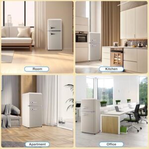 3.5 Cu. Ft. Mini Refrigerator with Freezer in Retro Cream, showcasing dual doors and temperature control settings