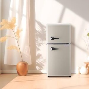 3.5 Cu. Ft. Mini Refrigerator with Freezer in Retro Cream, showcasing dual doors and temperature control settings