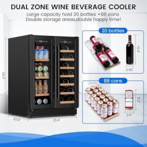 24 Inch Wine and Beverage Refrigerator Under Counter with Dual Zone Cooling, Glass Door & Lock, 20 Bottles & 88 Cans Capacity  