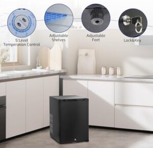 Mini Fridge with Lock 1.4 Cu Ft, perfect for trucks, RVs, dorm rooms, and offices, featuring a sleek black design and secure locking mechanism.