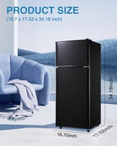 3.5 Cu Ft Mini Refrigerator, Compact design, black finish, adjustable thermostat, and freezer compartment for home, office, and dorm