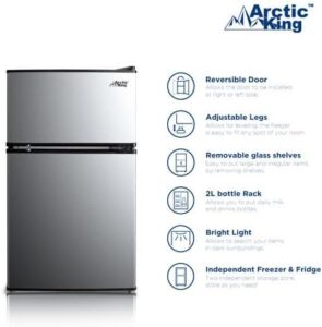 3.2 Cu ft Two-Door Mini Fridge with Freezer in stainless steel with adjustable shelves
