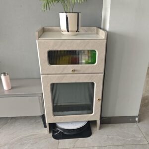 JYHHCYS Wooden Robot Vacuum Shelf with Moving Pulley, a stylish storage solution for your robotic vacuum.