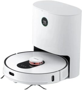 Smart Home Robot Vacuum Cleaner with mop and automatic dust collection in white, cleaning floors effortlessly