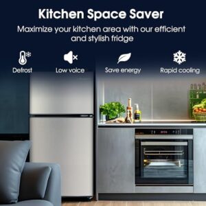 3.2 Cu.Ft Mini Fridge with Freezer, Silver, Compact Refrigerator with LED Light  
