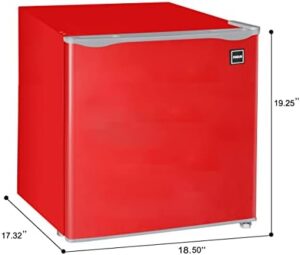 RFR160-Red Red Mini Fridge with Silver Trim in a modern office setting