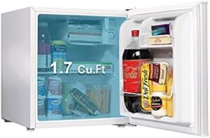 Galanz 1.7 cu ft Single Door White Mini Refrigerator in a dorm room setting