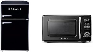 Galanz Retro Compact Mini Fridge with Freezer (2-Door) and Retro Countertop Microwave Oven in a stylish kitchen setting