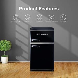 Galanz Retro Compact Mini Fridge with Freezer (2-Door) and Retro Countertop Microwave Oven in a stylish kitchen setting