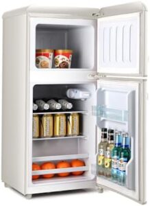 FLS-80G-Cream Retro Compact Refrigerator in cream color, showcasing its retro design and compact size
