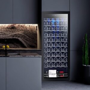 55-Bottle Beverage Refrigerator Wine Cooler with glass door, adjustable shelves, and digital temperature display.
