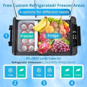58 Quart Car Refrigerator Freezer, Dual Zone Portable Fridge for Car, RV, and Camping