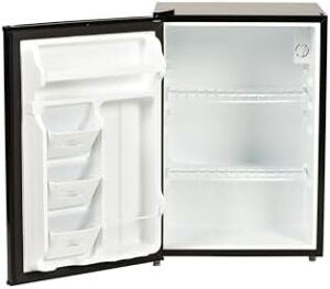 2.7 Cu. Ft. Mini Fridge in black, eco-friendly, freon-free, and compact design for small spaces like dorms or offices.
