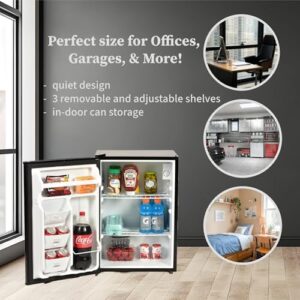 2.7 Cu. Ft. Mini Fridge in black, eco-friendly, freon-free, and compact design for small spaces like dorms or offices.