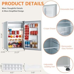 PullaFun Mini Fridge with Freezer, 4.3 Cu.Ft, Single Door, Adjustable Thermostat, Grey 
