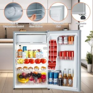 PullaFun Mini Fridge with Freezer, 4.3 Cu.Ft, Single Door, Adjustable Thermostat, Grey 