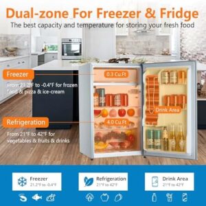 4.3 Cu. Ft Mini Fridge with Freezer in grey, featuring adjustable temperature and organized storage