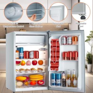 4.3 Cu. Ft Mini Fridge with Freezer in grey, featuring adjustable temperature and organized storage