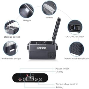 ICECO JP30 12V Car Fridge, portable cooler with SECOP compressor and dual power supply, perfect for trucks, vans, and RVs