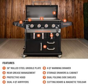 Blackstone 1923 Air Fryer Combo with Four Burners and Stainless Steel Gas Hood – Perfect for Outdoor Grilling