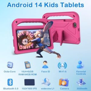 Android 14 Tablet for Kids 7 Inch Pink, designed for toddlers with 10GB RAM, 64GB ROM, and parental controls